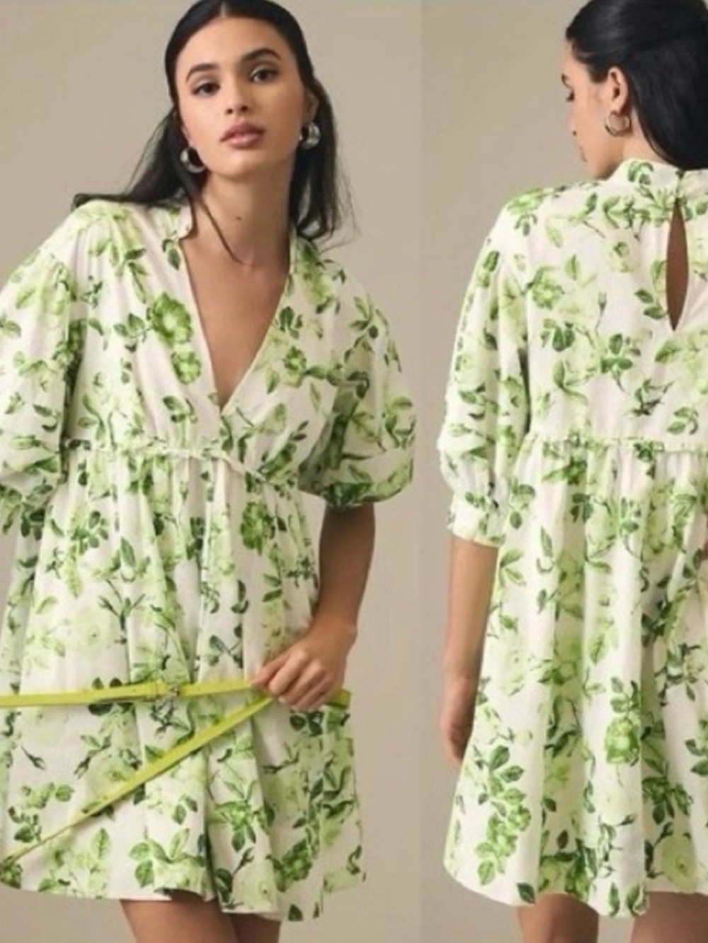 Maeve White Mini Dress with Green Floral Print